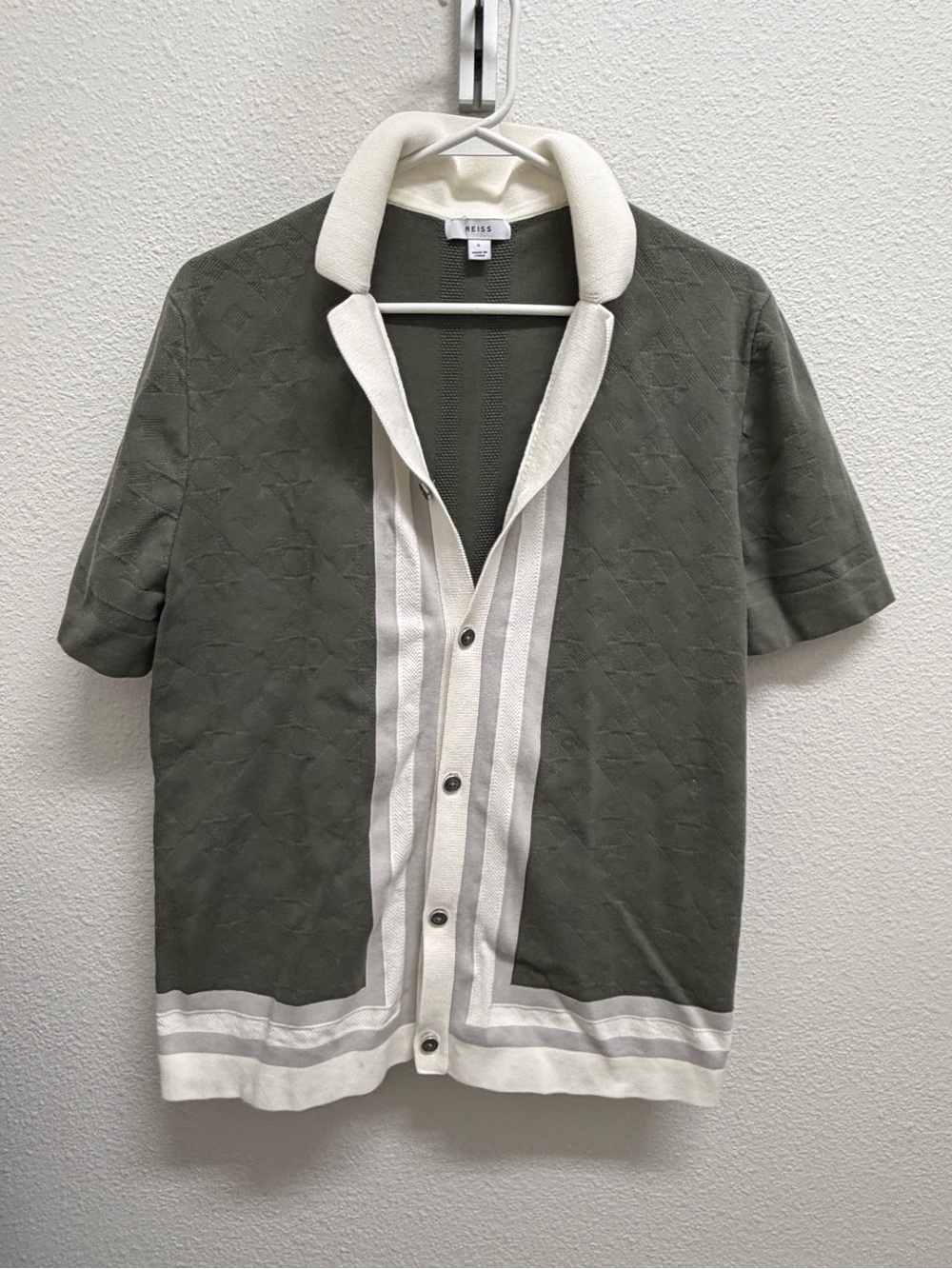 Reiss Olive Green Short-Sleeve Button Cardigan with Cream Trim